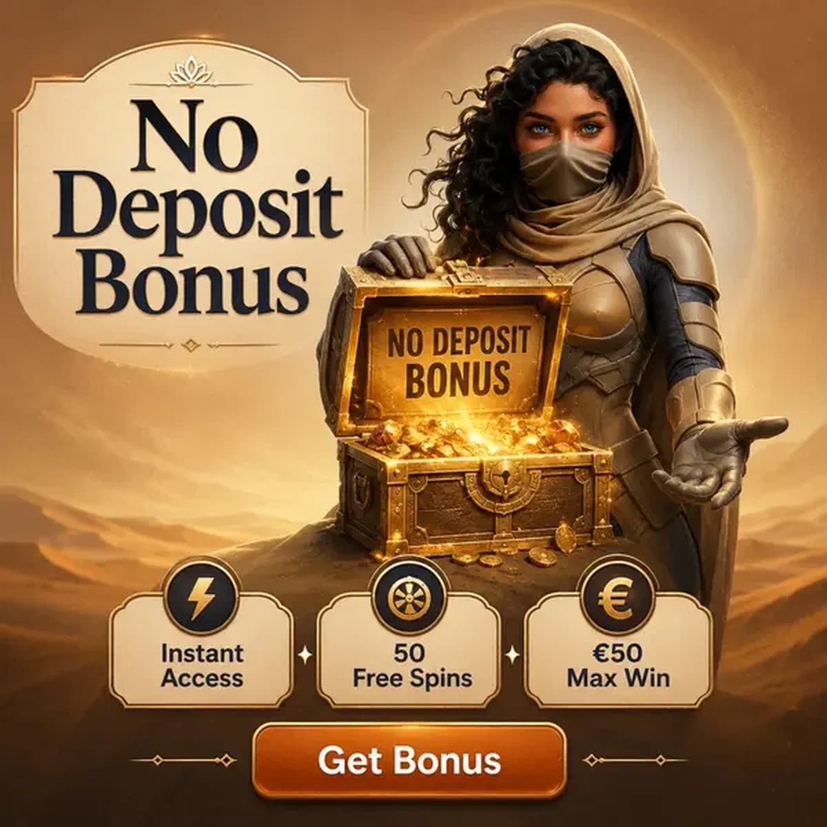 Guardiano che presenta il forziere del tesoro del bonus senza deposito al Casino SpinSahara