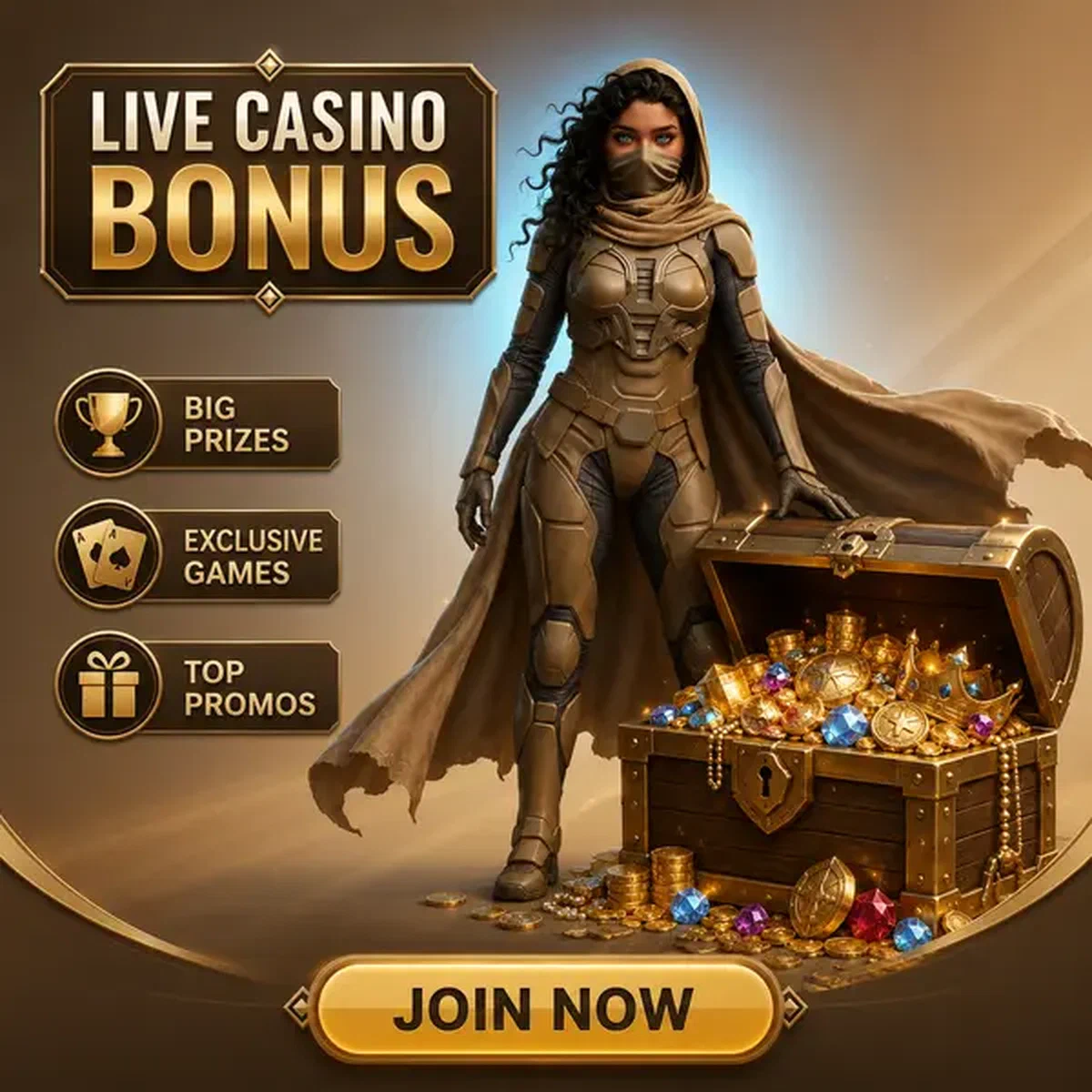 Personaggio che presenta il forziere bonus del live casino SpinSahara traboccante di ricompense dorate