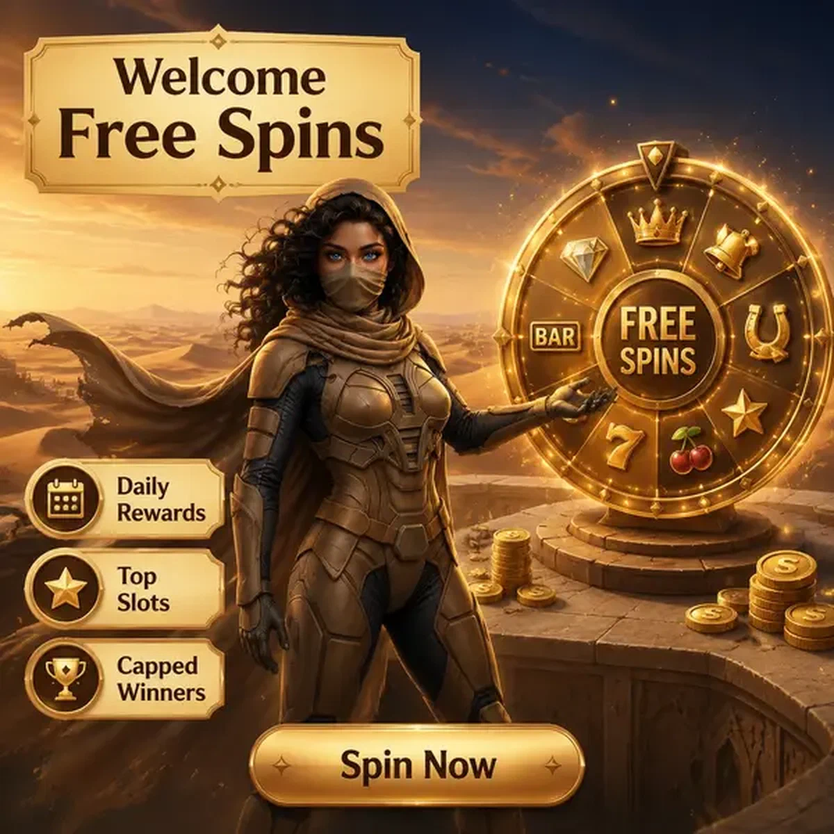 Guardiano del deserto presenta la ruota dei giri gratis alla terrazza di benvenuto di SpinSahara Casino