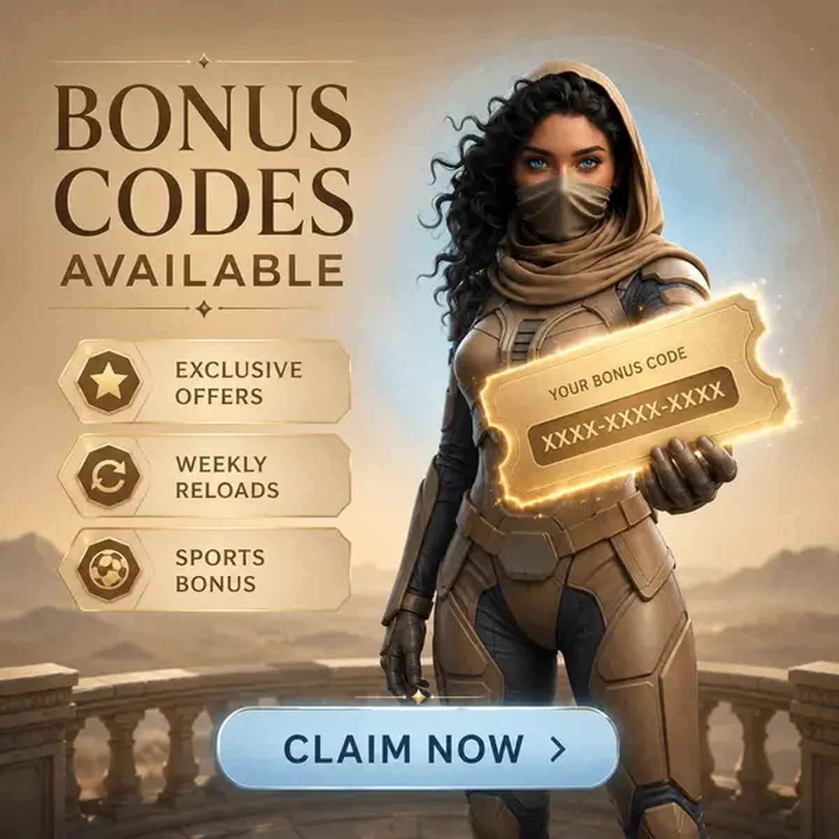 Codici bonus SpinSahara luminosi su voucher dorato tenuto da guardiano accogliente