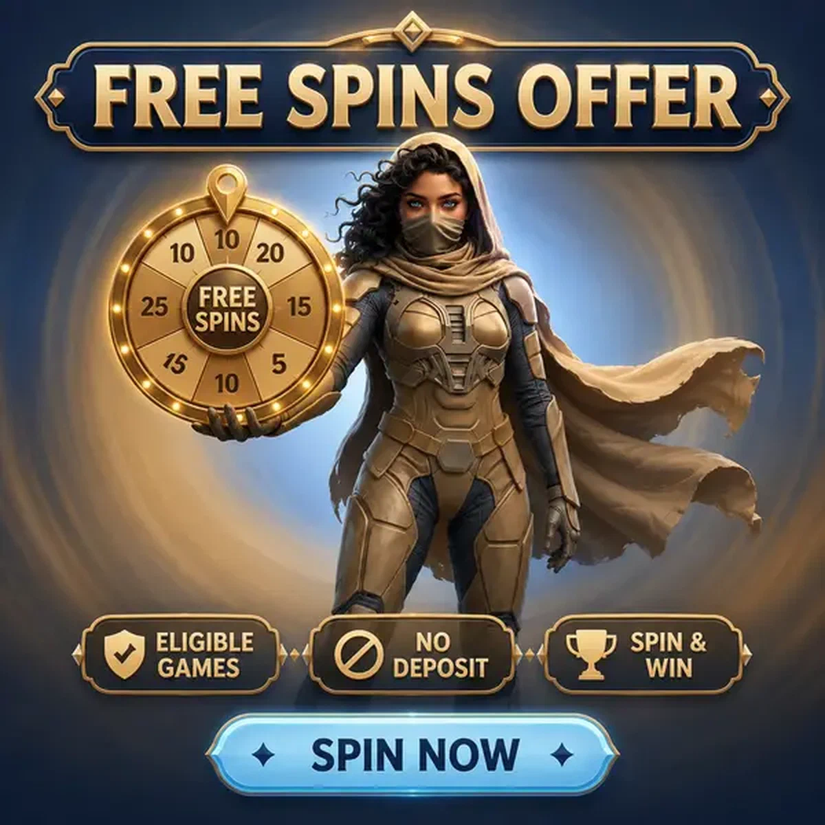 Guardiano SpinSahara che presenta la ruota del premio dorata per i giri bonus senza deposito
