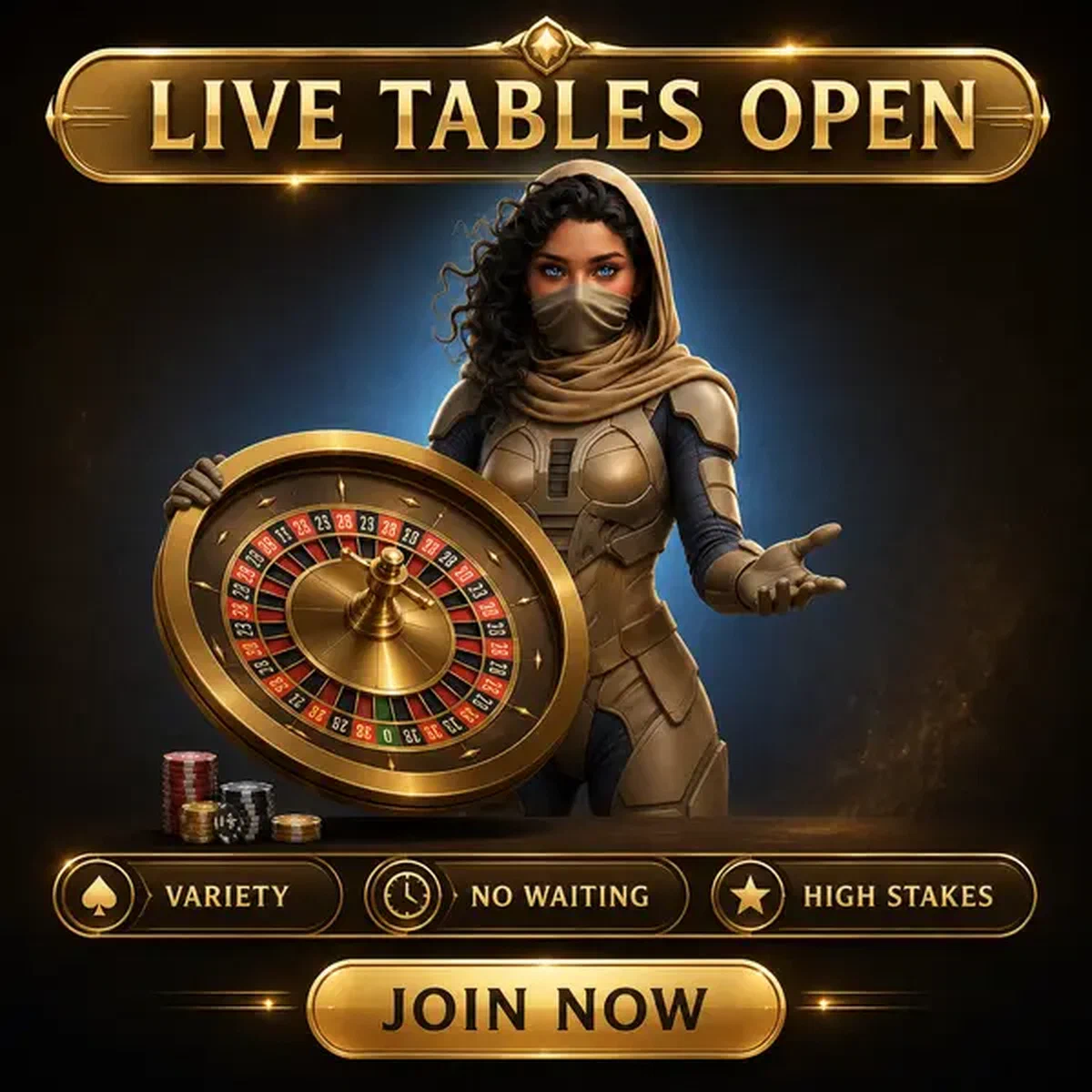 Croupier dal vivo che presenta la ruota della roulette dorata nello studio del live casino SpinSahara