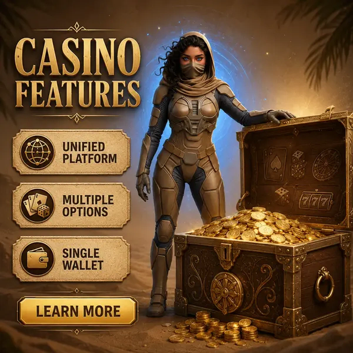 Dealer professionista che presenta le funzionalità di SpinSahara Casino con forziere del tesoro dorato