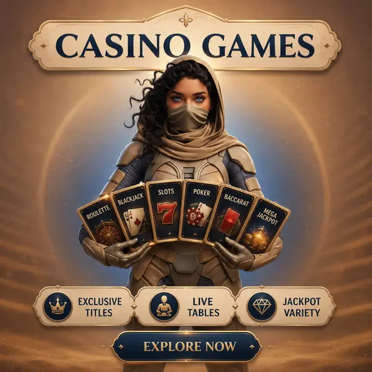 Personaggio che presenta la collezione di giochi del casino su SpinSahara con mazzo di titoli esclusivi a ventaglio